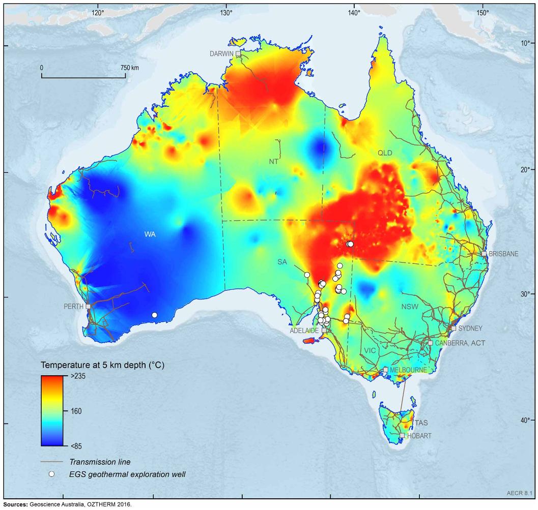Australia projected temperature at 5km depth showing geothermal potential across the continent